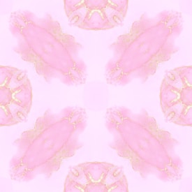 A symmetrical pattern featuring pastel pink and gold elements, resembling abstract shapes and floral motifs. The design is soft and delicate, evoking a sense of elegance and harmony.