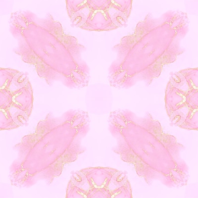 A symmetrical pattern featuring pastel pink and gold elements, resembling abstract shapes and floral motifs. The design is soft and delicate, evoking a sense of elegance and harmony.