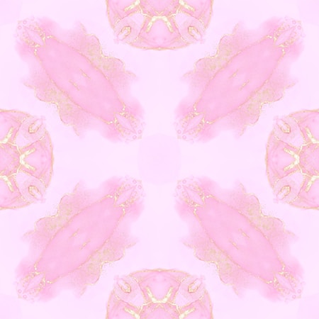 A symmetrical pattern featuring pastel pink and gold elements, resembling abstract shapes and floral motifs. The design is soft and delicate, evoking a sense of elegance and harmony.