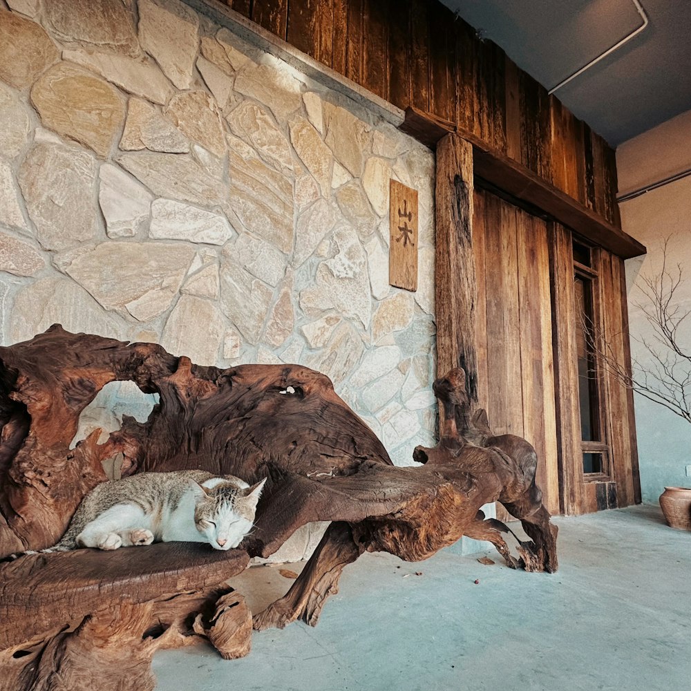 a cat laying on a wooden bench in front of a stone wall