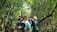A group of people is walking on a narrow path in a lush, dense forest. The individuals are wearing backpacks and casual clothing, suggesting a nature walk or hike. Sunlight filters through the canopy, casting dappled light on the path and highlighting the vibrant green foliage.