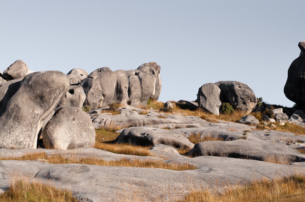 a group of large rocks sitting on top of a grass covered field