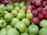 A large assortment of apples in various shades of green and red is displayed. Some apples have small stickers on them, and they spill from an overturned wooden basket. The apples appear fresh and shiny, suggesting they’re ready for purchase or consumption.