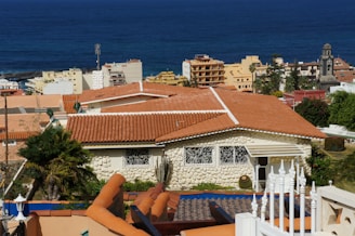 A view overlooking a seaside town with terracotta-roofed houses in the foreground and modern buildings in the background. The ocean stretches out in the distance, providing a deep blue contrast to the light-colored structures. Palm trees and lush greenery are visible, suggesting a warm, coastal climate.