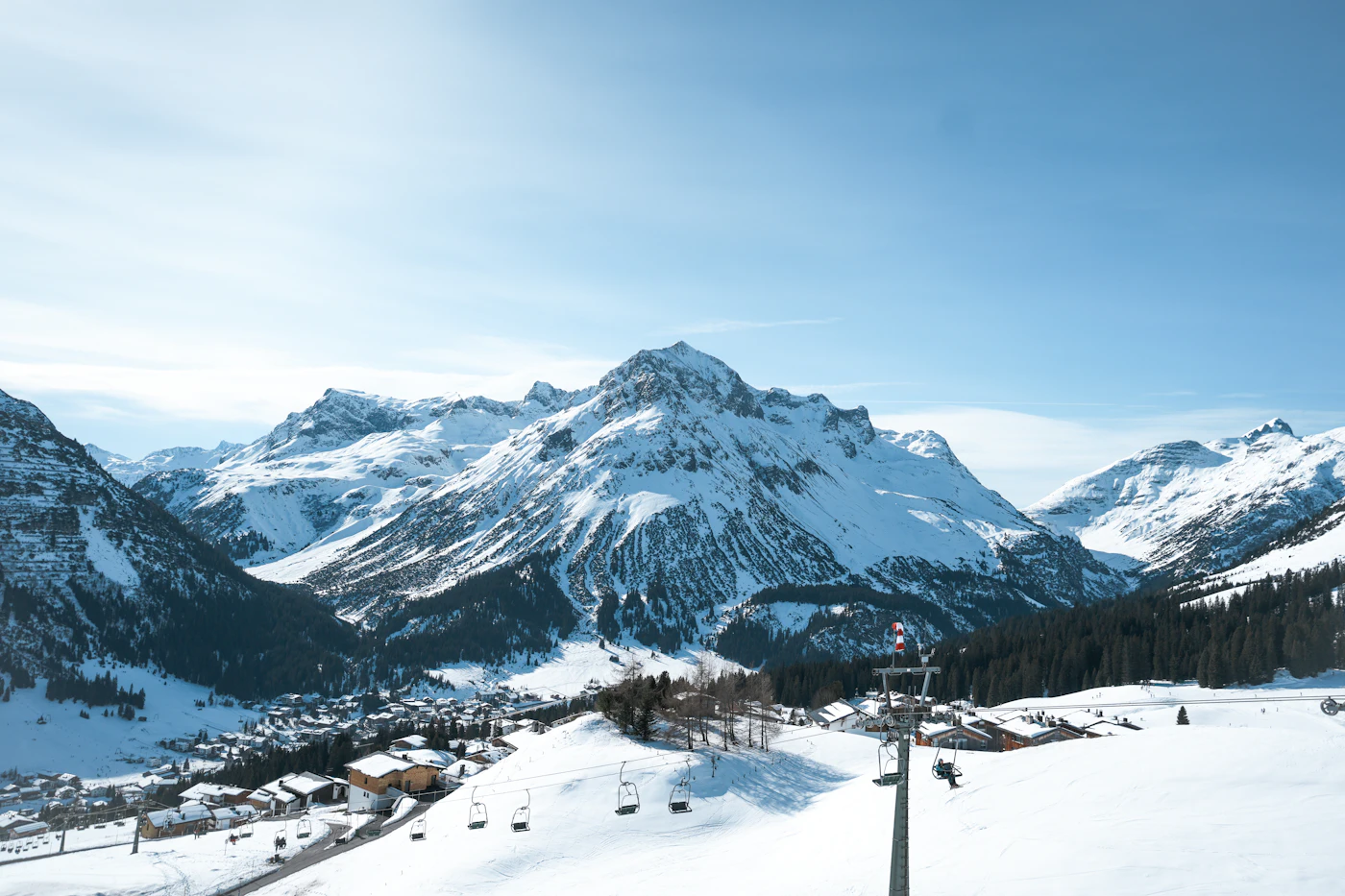 Sunny ski slope overlooking Lech am Arlberg