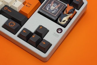 A close-up of a mechanical keyboard featuring custom keycaps. Two keycaps display stylized animal faces, one orange and the other black with white accents. The keyboard itself has a gray base with black keys, and the keys have orange symbols. There's also a unique keycap with a graphic design in the upper right corner.