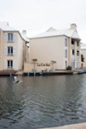A waterfront building with beige exteriors and white shuttered windows stands adjacent to a calm water body. A seagull is in flight over the water, and there are potted plants near the building. The building features a sign reading 'La Caribe' and has balconies overlooking the water.