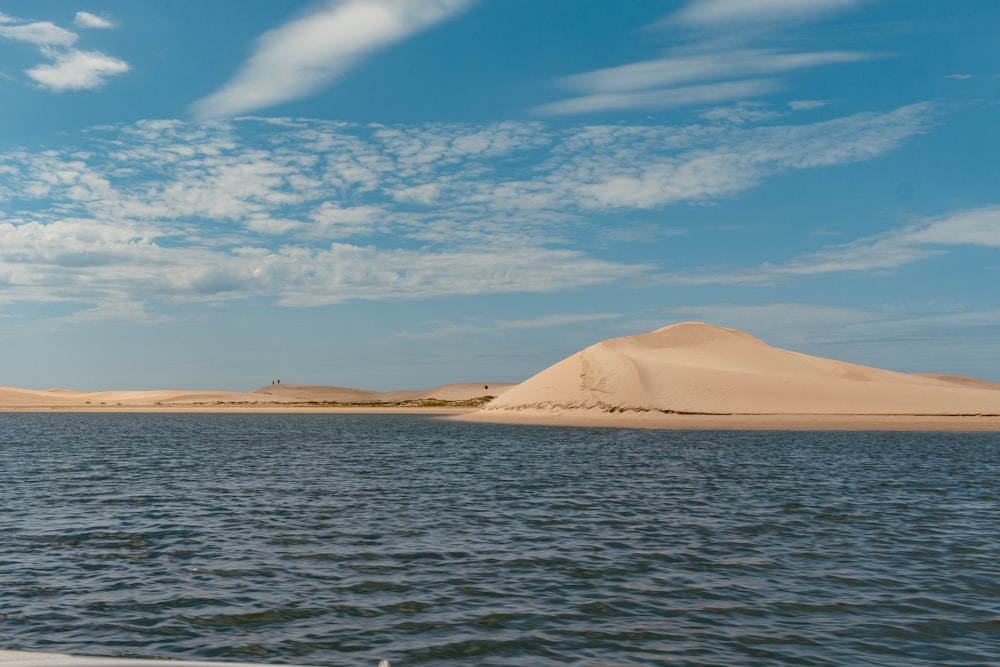 a body of water with sand dunes in the background