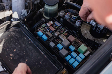 a person is working on a car's engine compartment