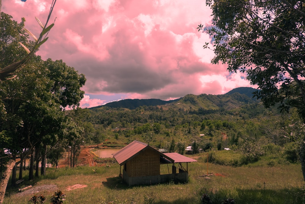 a small cabin in a field with mountains in the background