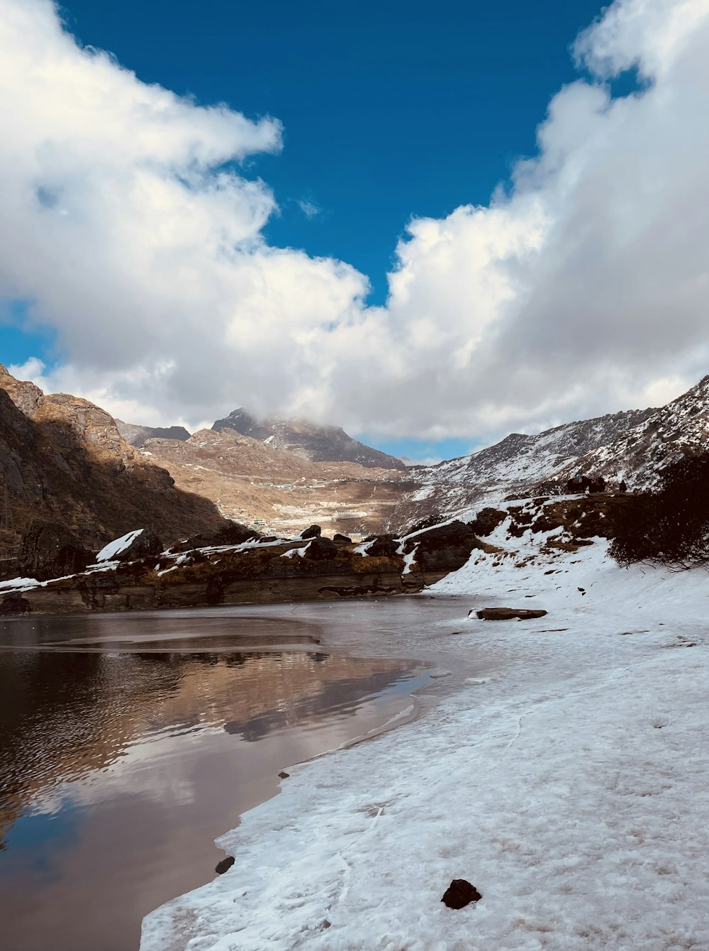 a lake surrounded by snow covered mountains under a cloudy sky