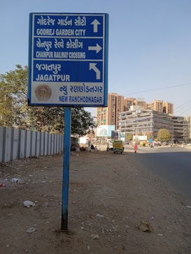 A blue directional road sign features names and directions in both Hindi and English. Behind the sign, a busy urban street is lined with high-rise buildings and a few trees. A strip of sandy sidewalk with some litter runs parallel to the road. The background includes some parked vehicles and a person walking, indicative of an active city street environment.