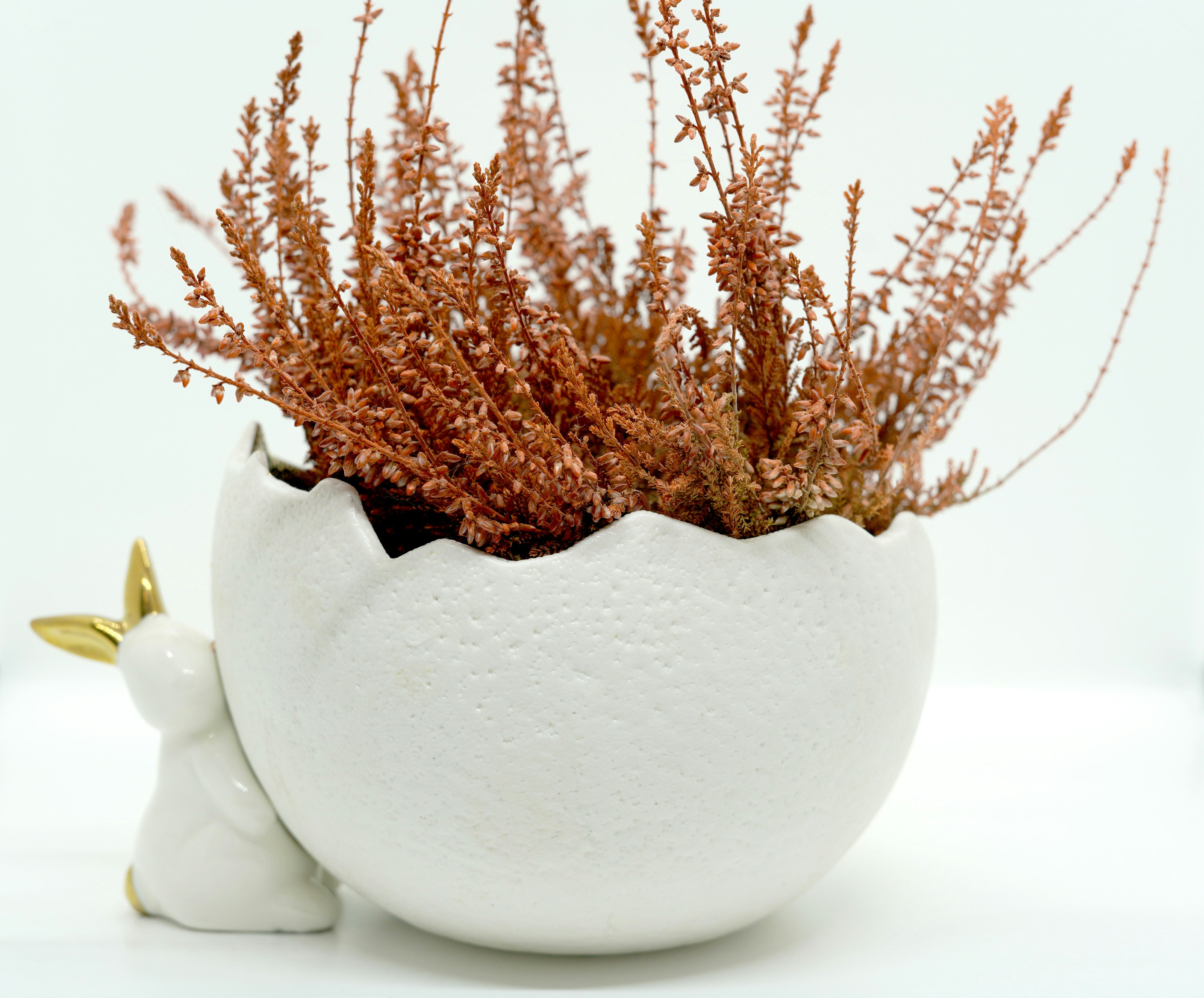 a white vase with a plant inside of it