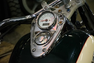 Top-down view of the motorcycle’s control panel with clear, utilitarian instrumentation