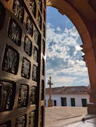 a view of a building through an open door