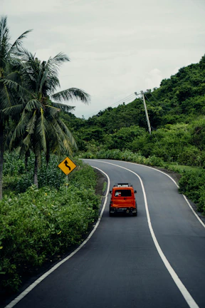 A vibrant red SUV driving through a green tropical forest road.