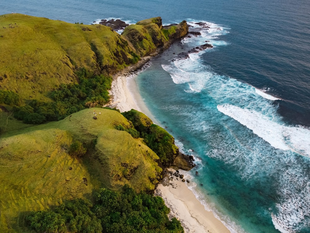 an aerial view of a beach and ocean