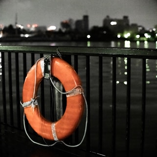 a life preserver on a railing overlooking a body of water