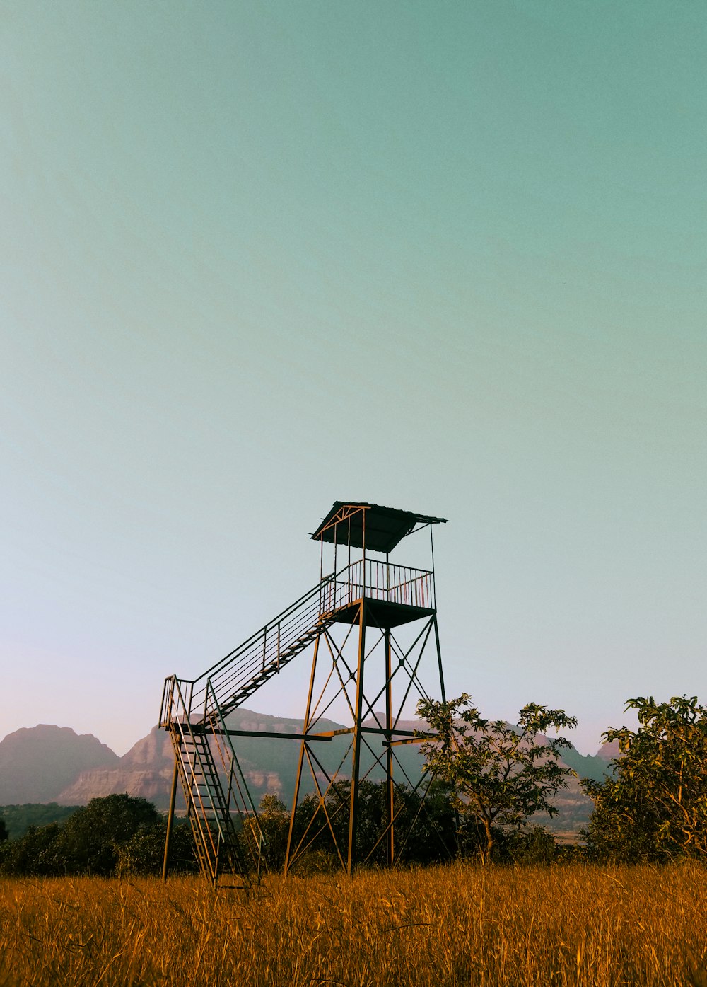 a lifeguard tower in a field with mountains in the background