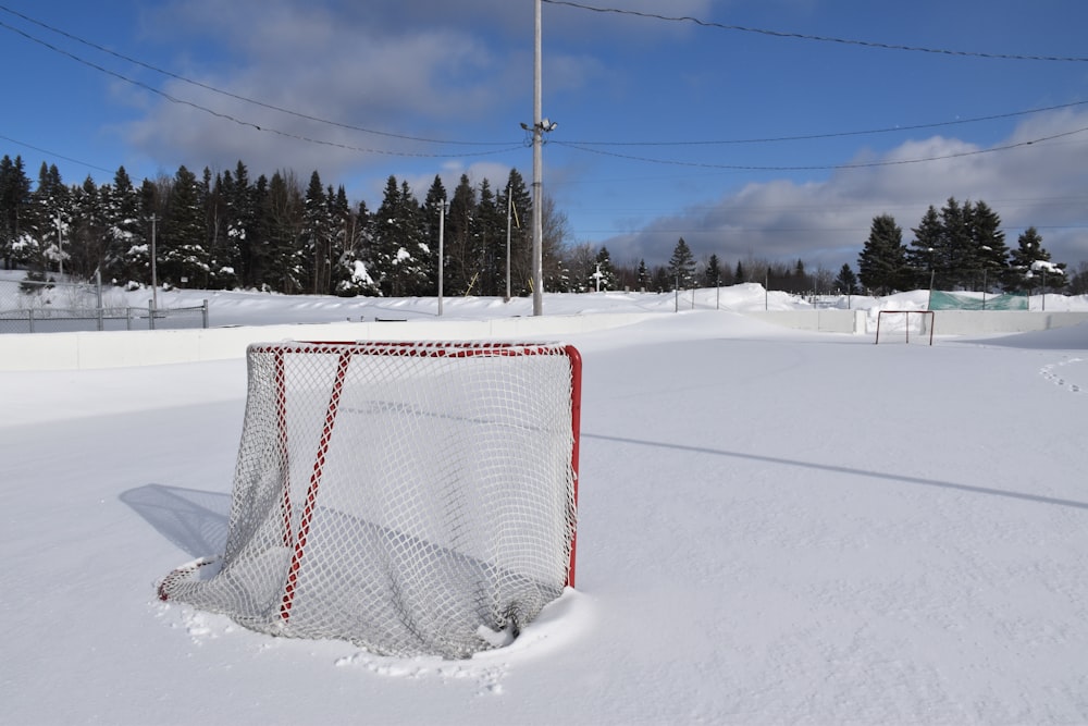 a hockey goal in the middle of a snowy field