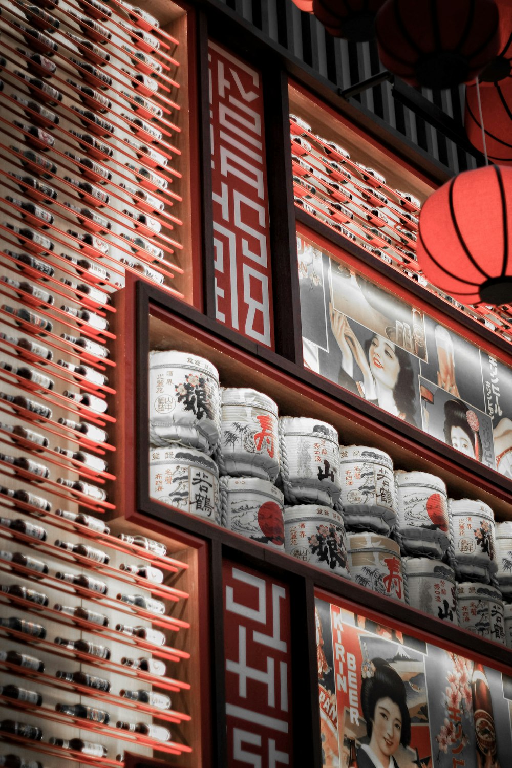 a display of cans of sake in a store
