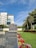 A modern building with a reflective glass facade stands adjacent to a lush, well-maintained green lawn bordered by a colorful array of flowers. Tall palm trees and other greenery line the garden. The sky is clear with a few clouds, and the scene is bathed in bright sunlight.
