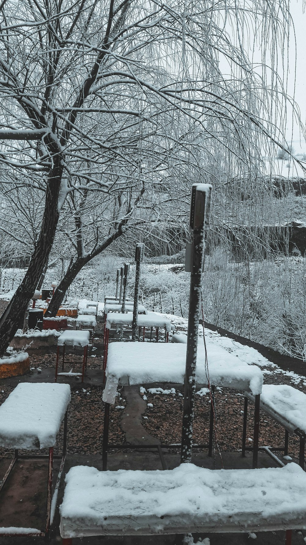 a park bench covered in snow next to a tree