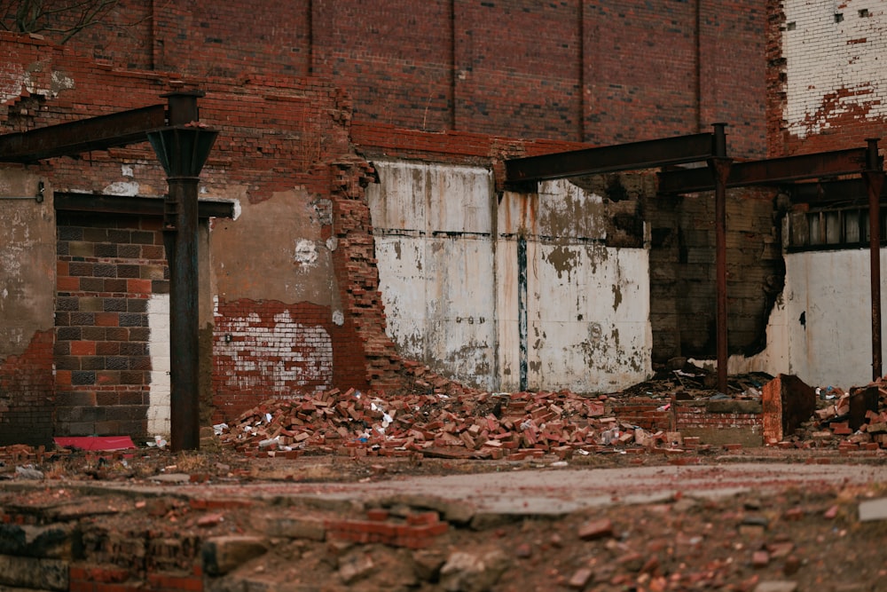 a building that has a bunch of rubble in front of it