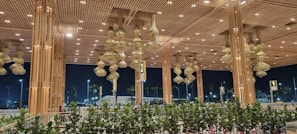 A dimly lit jungle club with lush green foliage and golden accents.