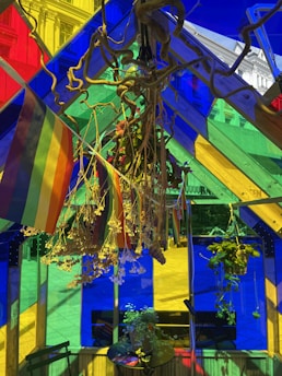 A vibrant, welcoming studio corner decorated with pride flags and plants.