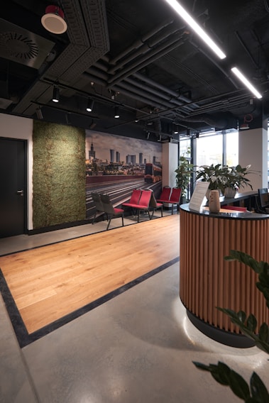 A sleek, modern law office reception area with clean lines and tasteful artwork.