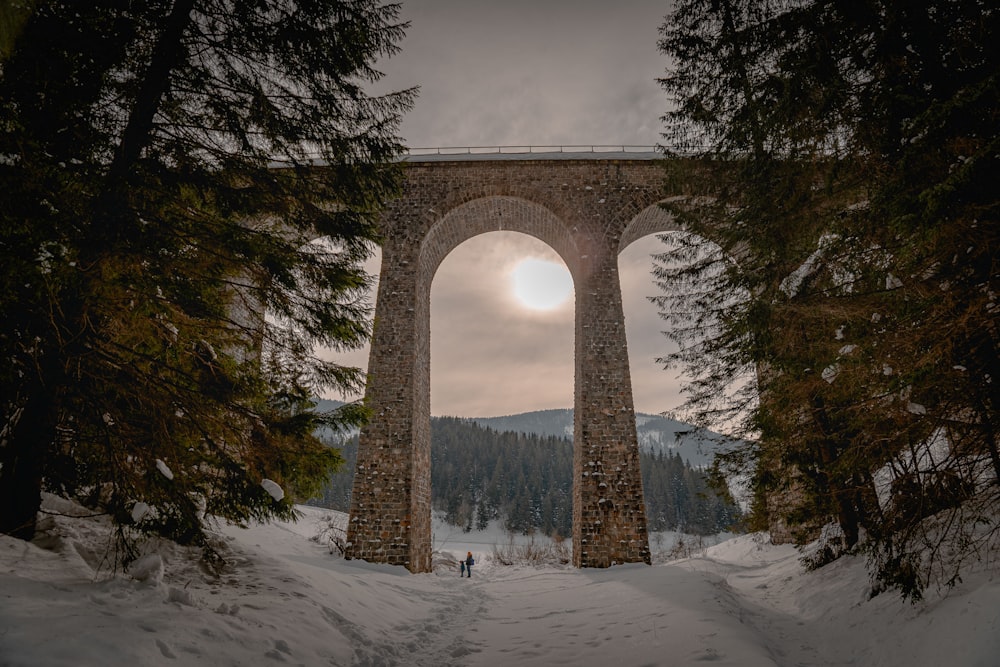 a stone arch in the middle of a snowy forest