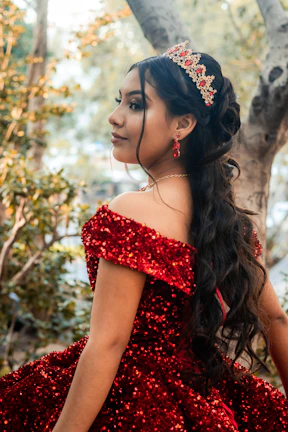 Anija wearing her enchanted dress, glowing softly in a whimsical forest setting.