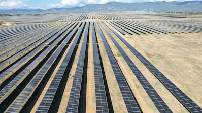 a large field of solar panels in the desert