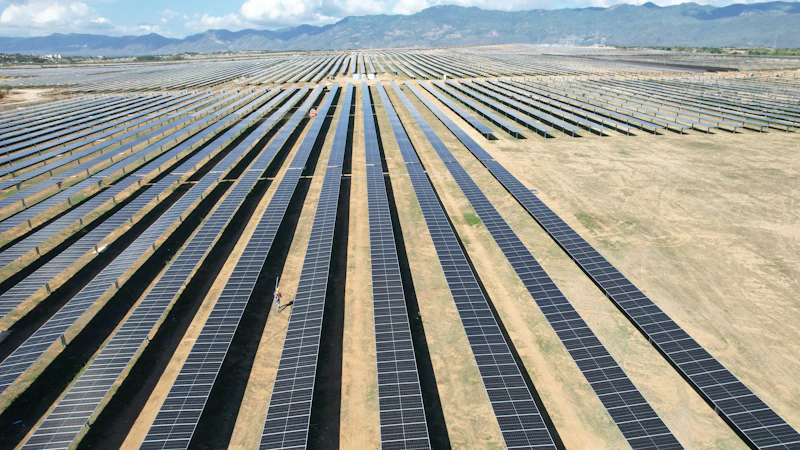 Aerial view of a large-scale solar panel installation