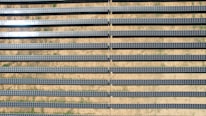 An array of long, parallel rows of solar panels is arranged on a barren, sandy landscape. The panels are aligned neatly, with sunlight reflecting off some of them, creating a shimmering effect. Sparse patches of green are visible between the rows, highlighting the arid environment.