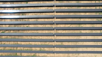 An array of long, parallel rows of solar panels is arranged on a barren, sandy landscape. The panels are aligned neatly, with sunlight reflecting off some of them, creating a shimmering effect. Sparse patches of green are visible between the rows, highlighting the arid environment.