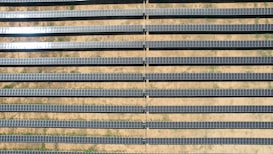 An array of long, parallel rows of solar panels is arranged on a barren, sandy landscape. The panels are aligned neatly, with sunlight reflecting off some of them, creating a shimmering effect. Sparse patches of green are visible between the rows, highlighting the arid environment.