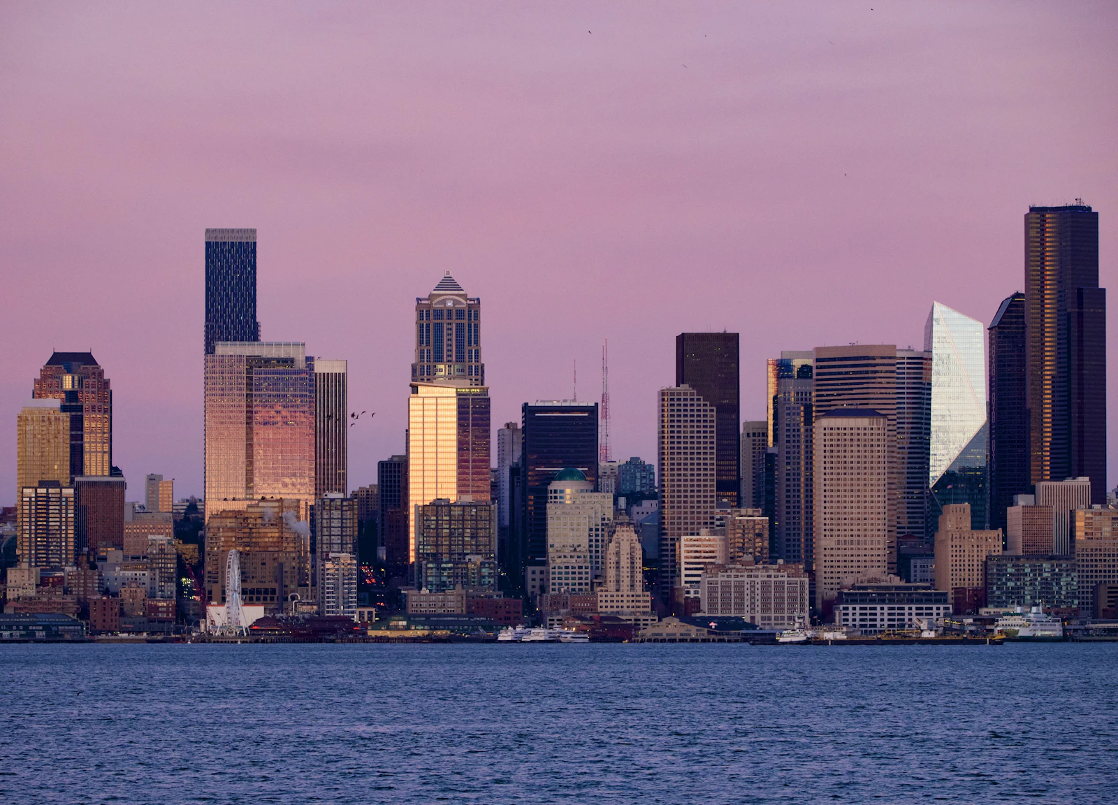 Downtown Seattle skyline glowing pink at dusk across the water of Elliott Bay