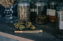 Several glass jars containing dried herbs and plant material are arranged on a countertop. In front of the jars, there is a rolled cigarette or joint labeled 'RAW' lying next to some loose herbs or cannabis buds.