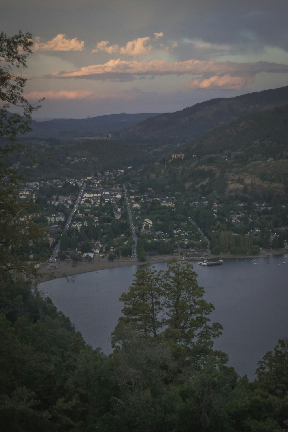 a view of a city and a lake from a hill