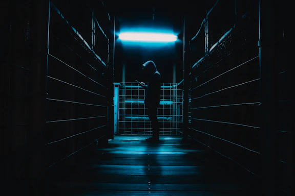 A shadowy figure standing against a dimly lit prison corridor wall, hinting at secrets and tension.