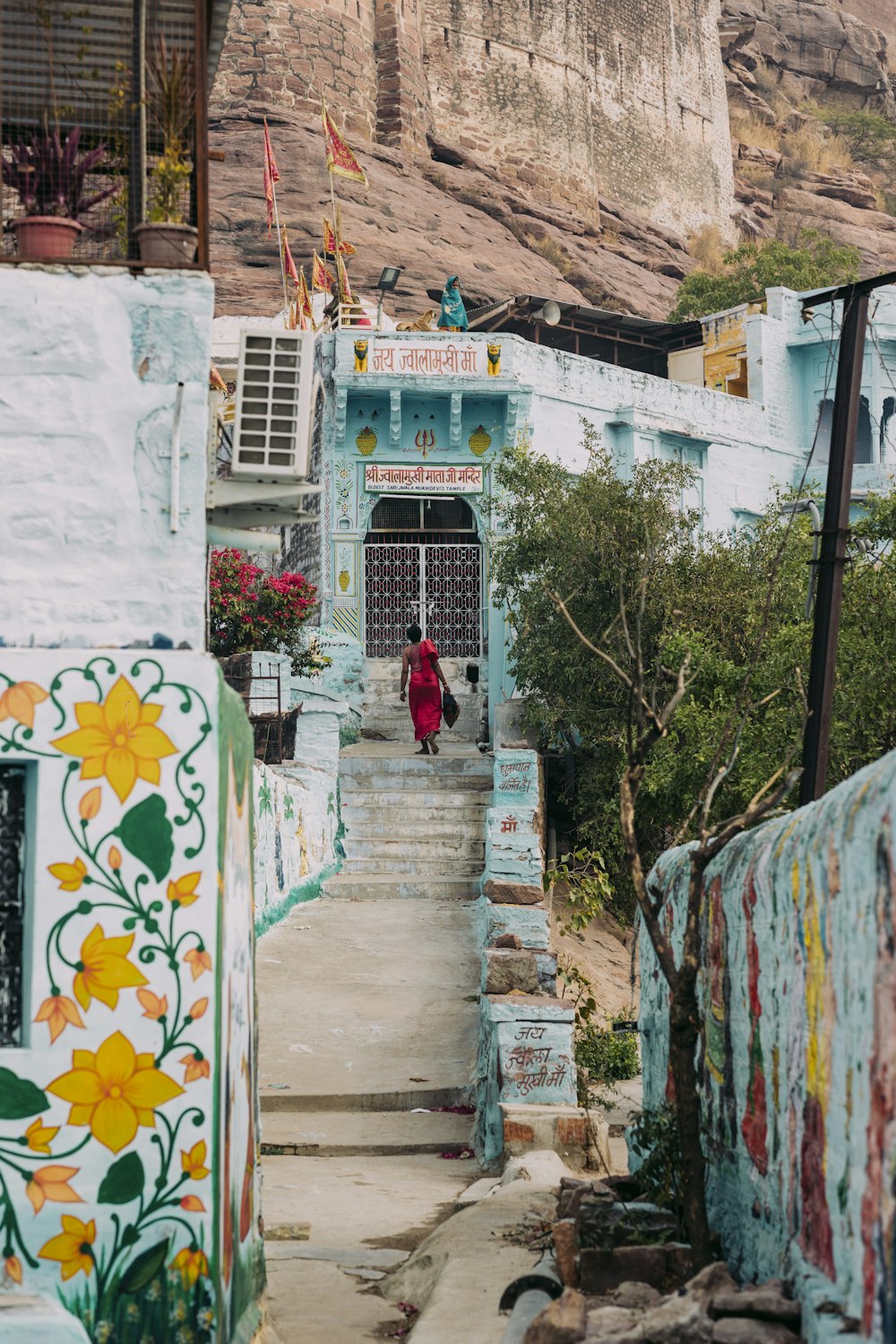 a person walking up a set of stairs