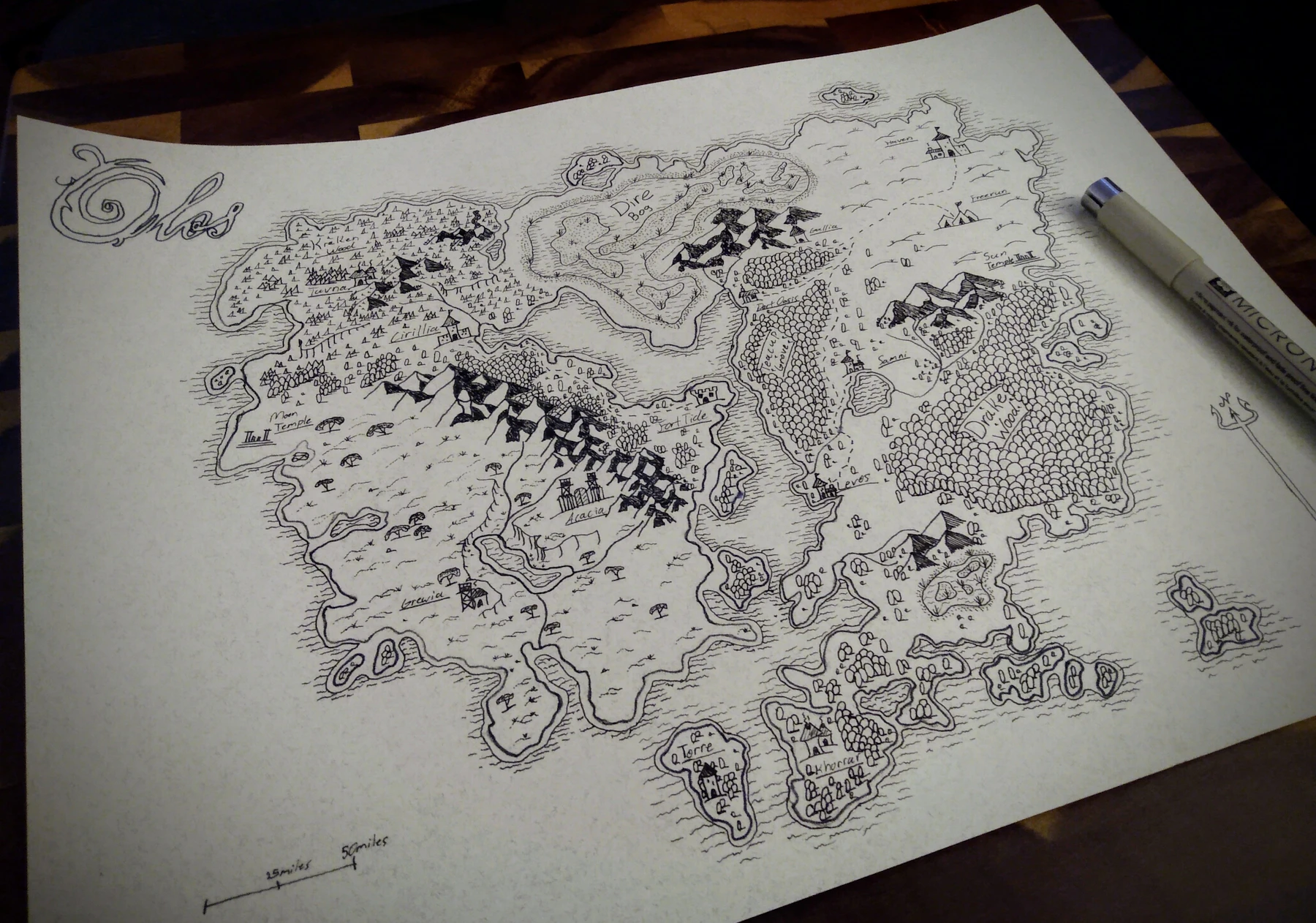 A hand-inked fantasy continent on white paper with a fineliner resting beside it