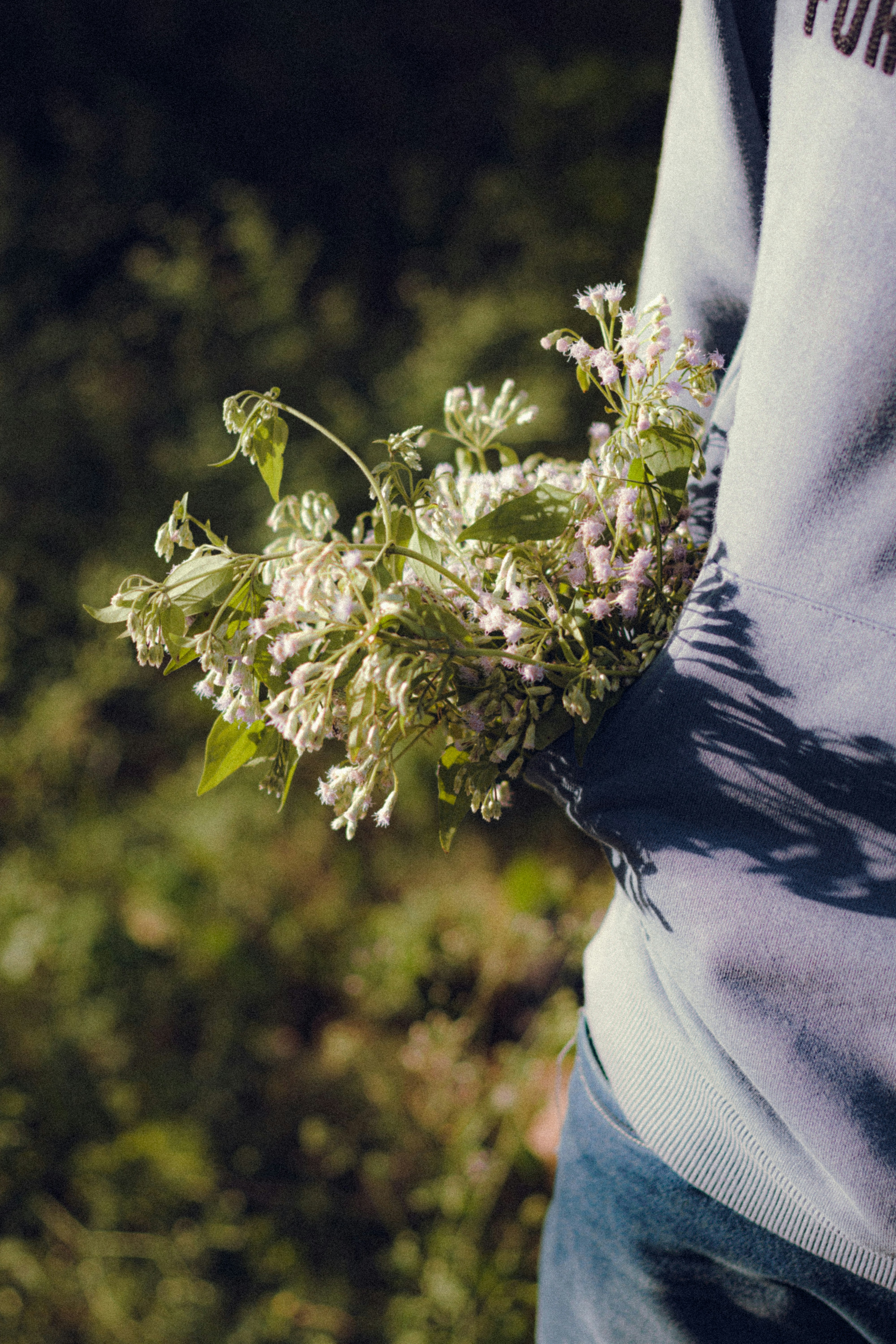 uma pessoa segurando um ramo de flores em suas mãos