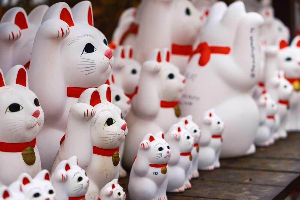 a bunch of white cats are lined up on a shelf