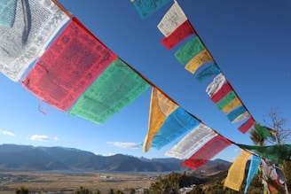 there are many colorful flags hanging in the air