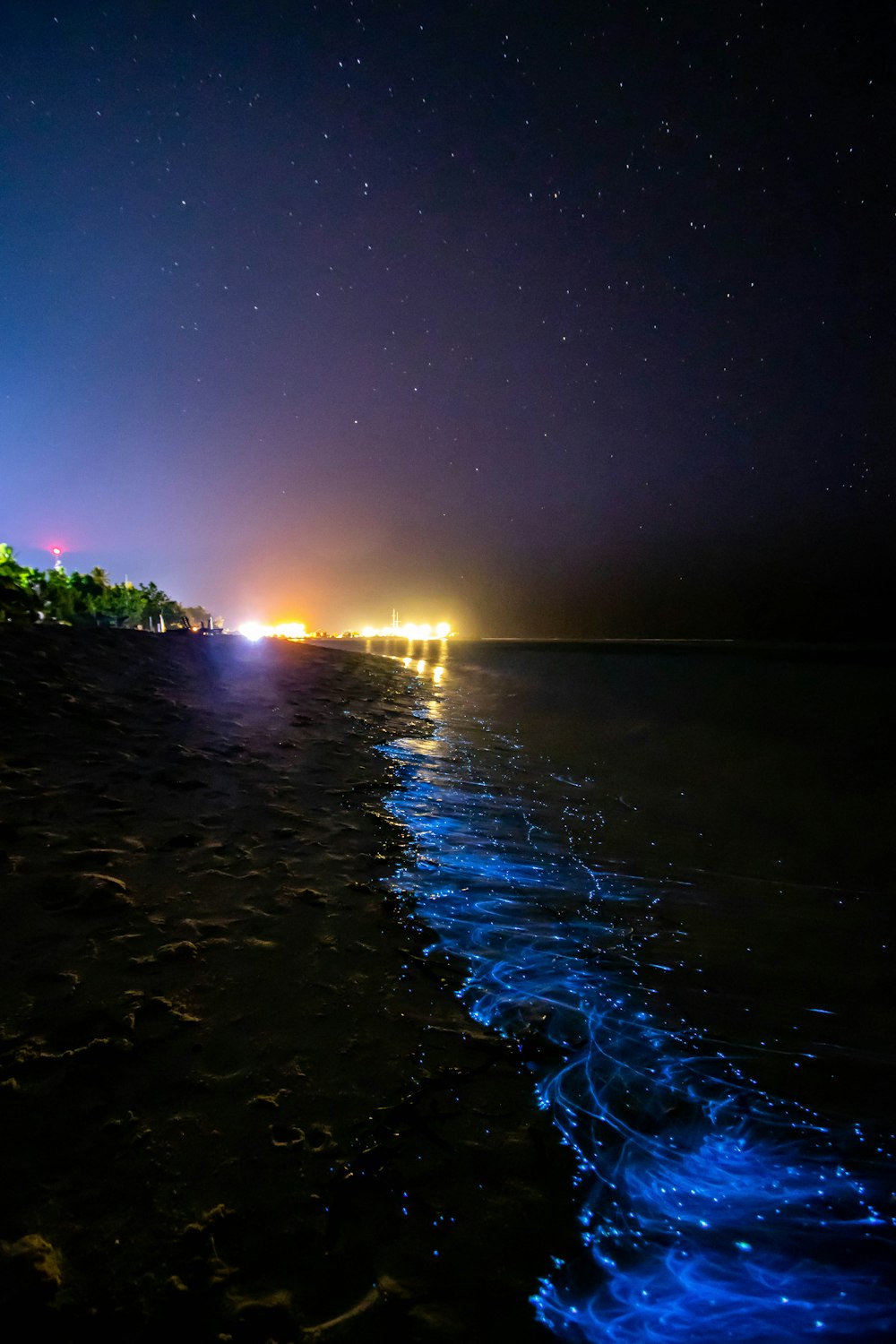 a night time view of a beach with lights in the water