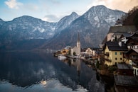 A picturesque village nestled by a tranquil lake.