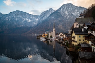 A picturesque village nestled by a tranquil lake.